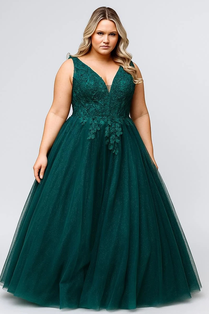 Plus size dark emerald green tulle A-line prom dress with plunging V-neckline, floral lace bodice, wide shoulder straps, and glittering floor-length skirt