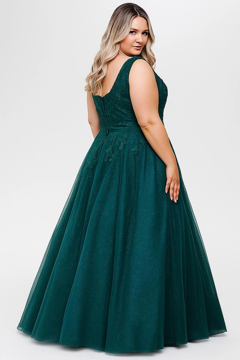 Elegant Plus Size A Line V Neck Sleeveless Tulle Floor Length Prom Dress