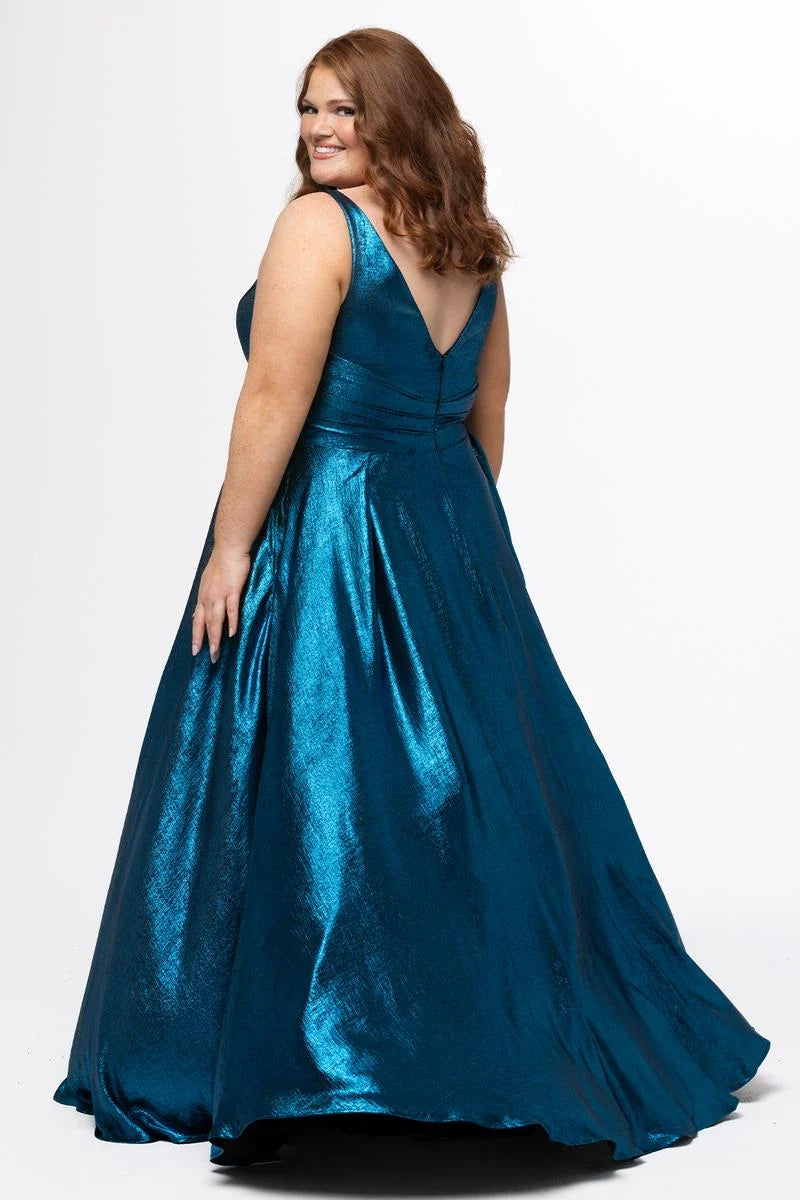 Elegant Plus Size A Line V Neck Sleeveless Metallic Floor Length Prom Dress