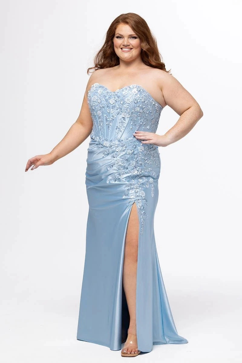 Plus size dusty blue satin prom dress with strapless sweetheart neckline, floral lace corset bodice, ruched waist, thigh-high slit, and floor-length skirt