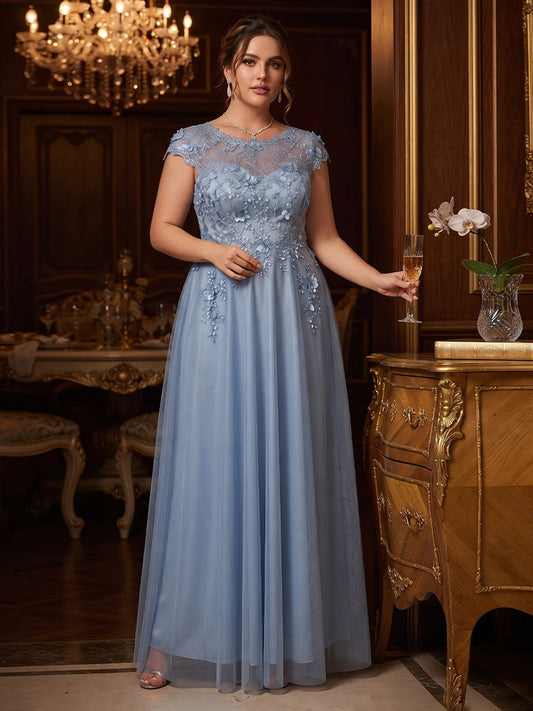 Front view of Loverlm dusty blue plus size tulle evening dress with illusion scoop neckline, lace cap sleeves and floral appliqué bodice