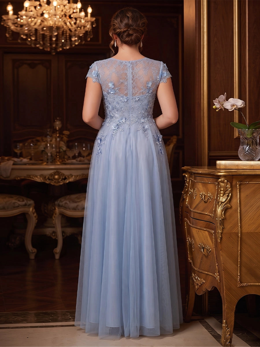 Elegant Plus Size Tulle A-Line Illusion Scoop Cap-Sleeve Sheer-Back Floor-Length Evening Dress