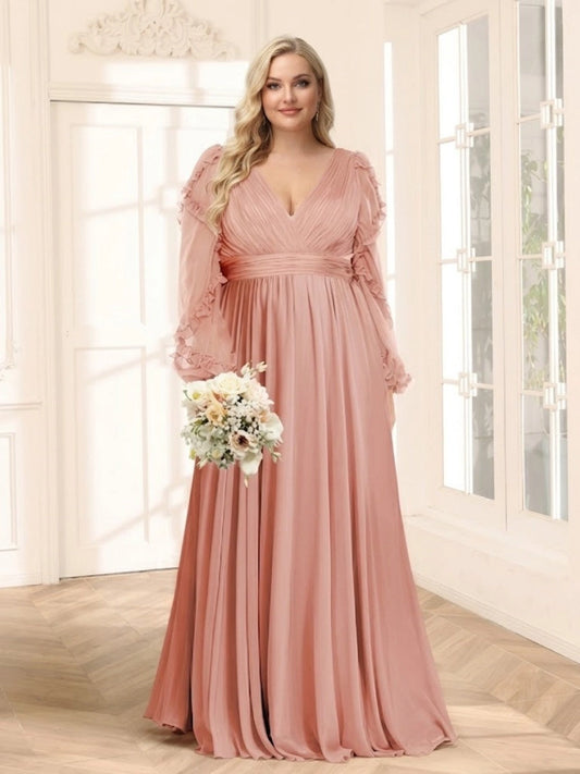 Loverlm dusty rose plus size chiffon V-neck ruffle long sleeve evening dress front view
