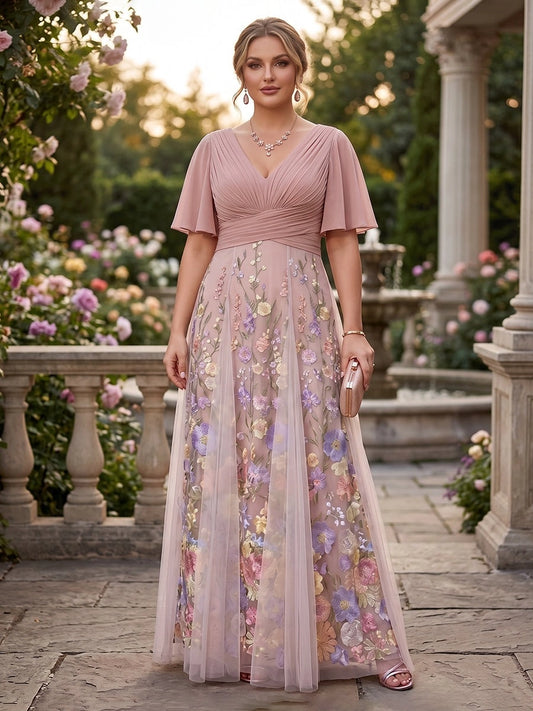 Loverlm dusty rose plus size floral embroidered tulle V-neck evening dress front view