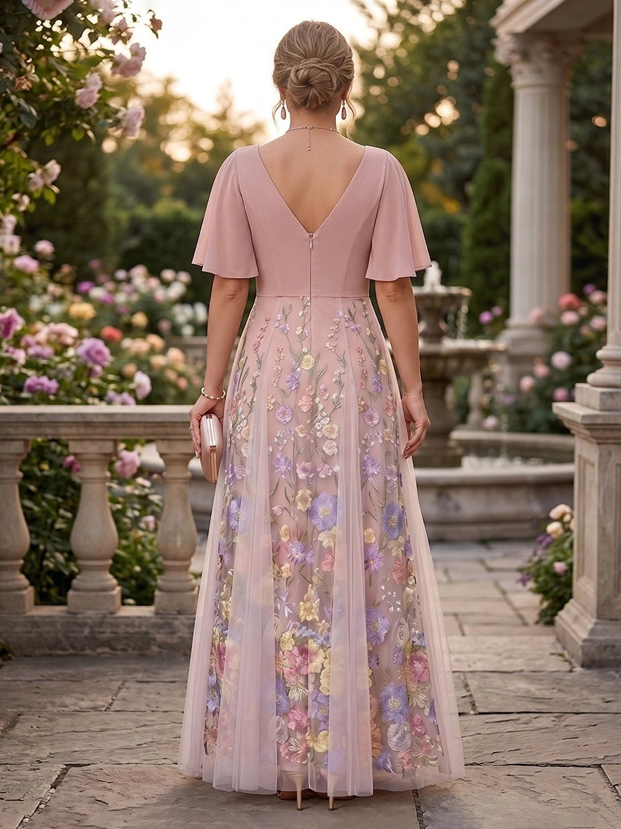 Romantic Plus Size Floral Tulle A-Line V-Neck Flutter-Sleeve V-Back Floor-Length Evening Dress