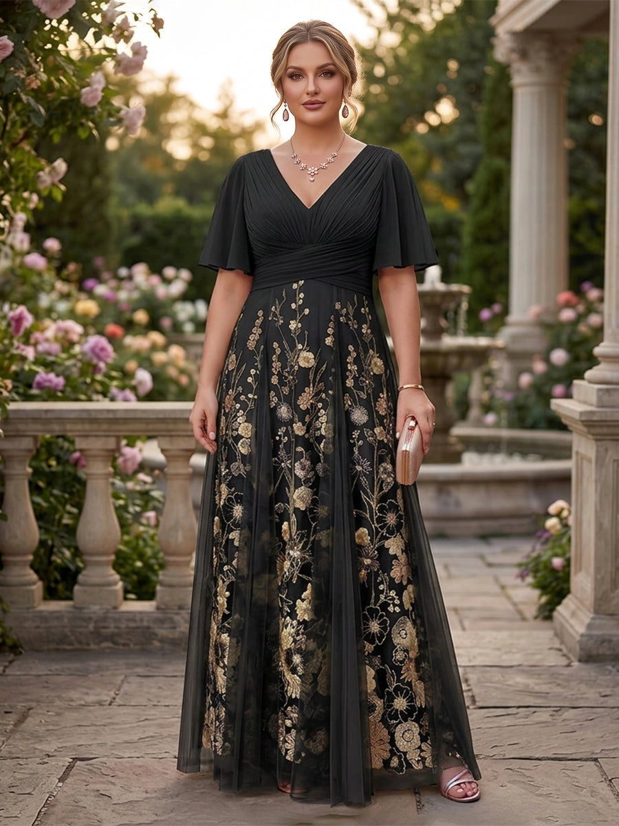 Romantic Plus Size Floral Tulle A-Line V-Neck Flutter-Sleeve V-Back Floor-Length Evening Dress