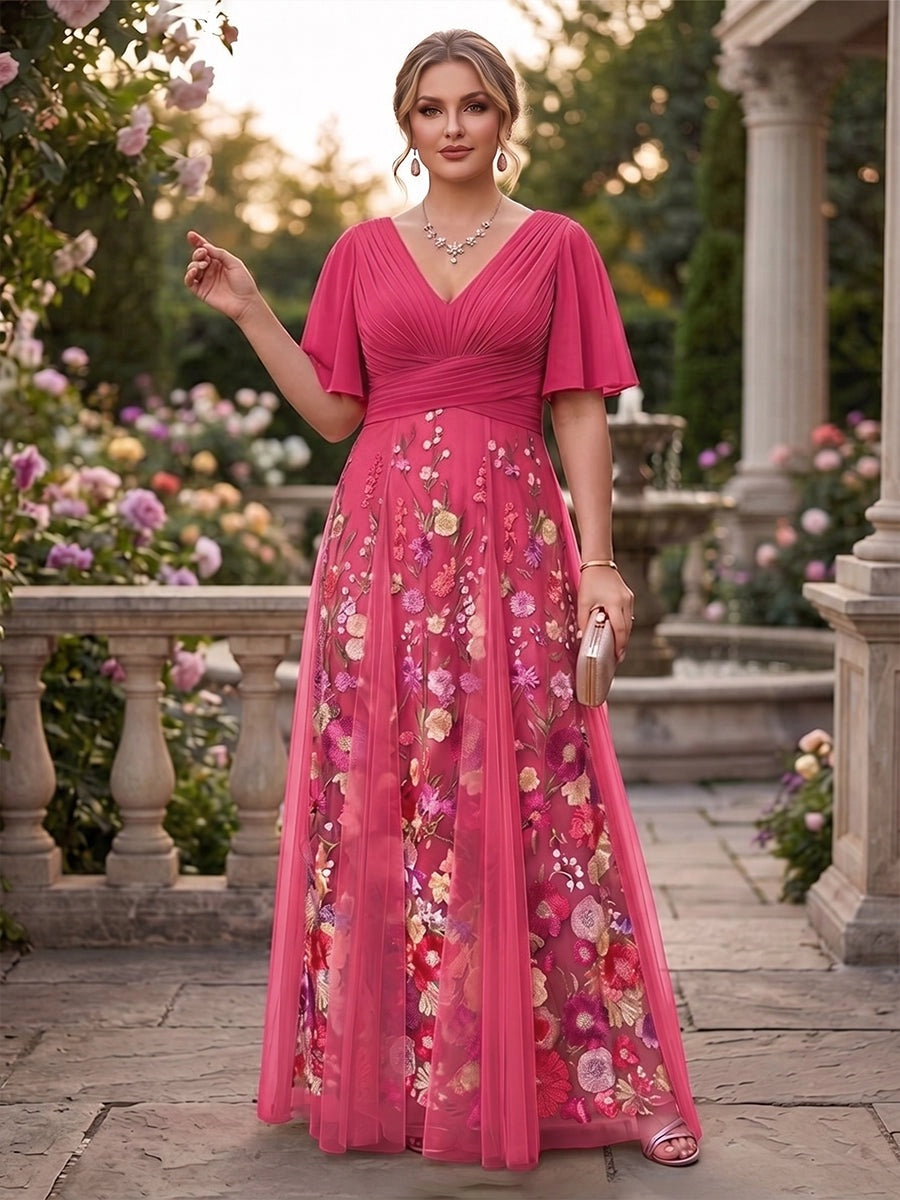 Romantic Plus Size Floral Tulle A-Line V-Neck Flutter-Sleeve V-Back Floor-Length Evening Dress