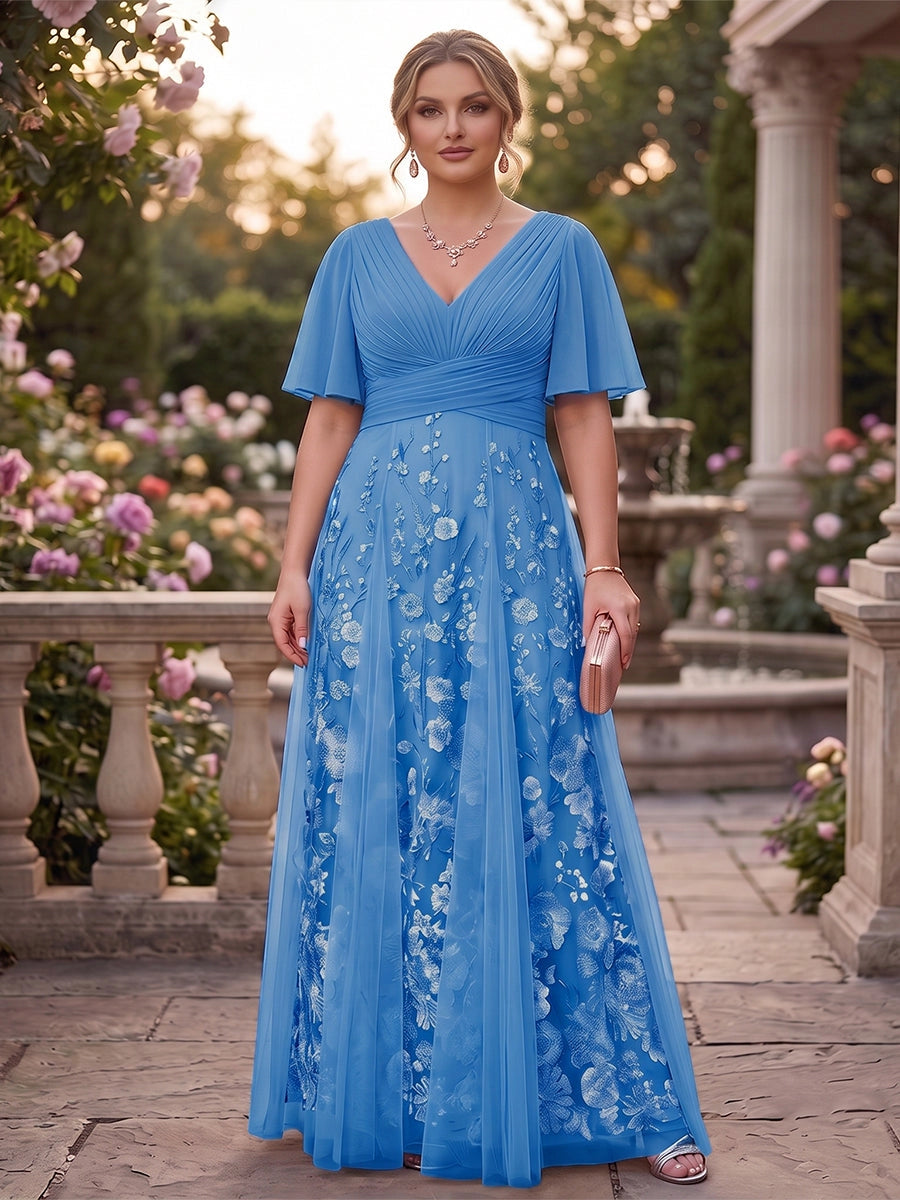 Romantic Plus Size Floral Tulle A-Line V-Neck Flutter-Sleeve V-Back Floor-Length Evening Dress