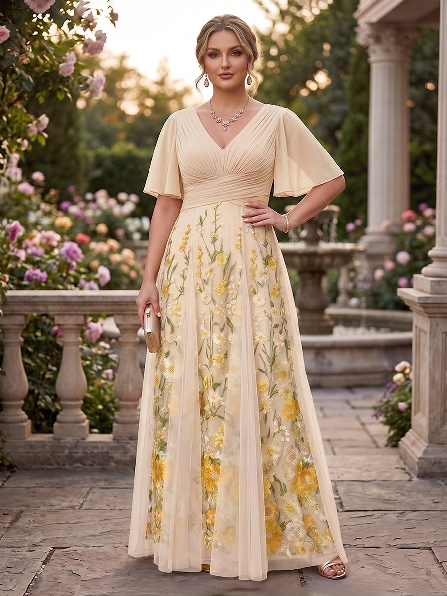 Romantic Plus Size Floral Tulle A-Line V-Neck Flutter-Sleeve V-Back Floor-Length Evening Dress