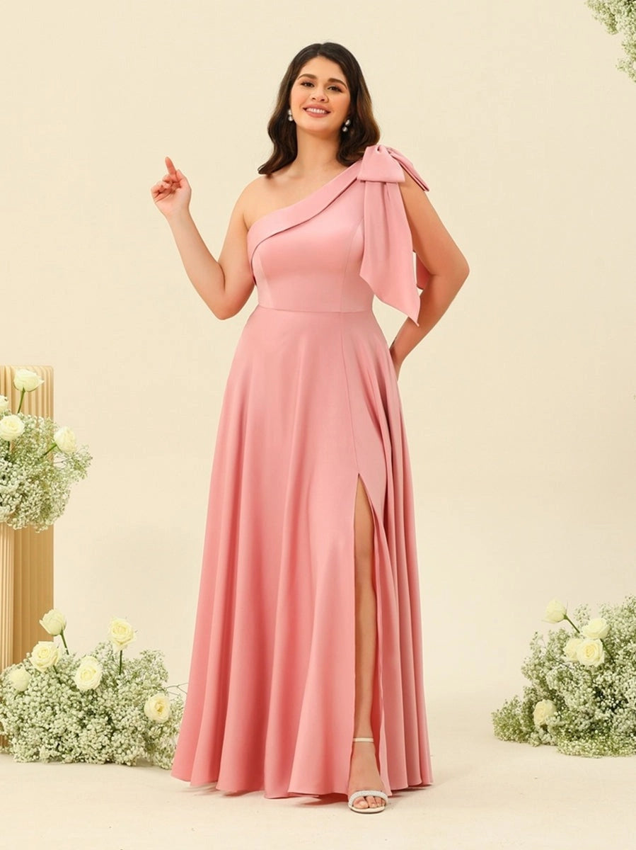 Elegant Plus Size Satin A-Line One-Shoulder Bow Split Floor-Length Bridesmaid Dress
