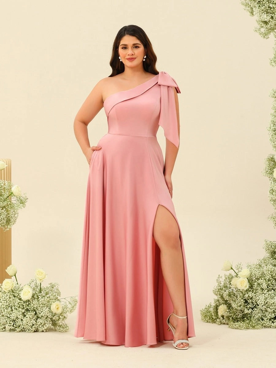 Elegant Plus Size Satin A-Line One-Shoulder Bow Split Floor-Length Bridesmaid Dress