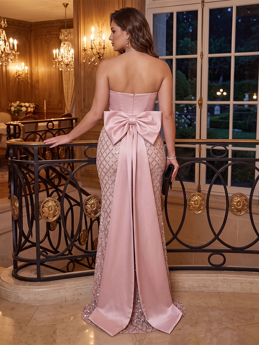 Glamorous Plus Size Satin Mermaid Sweetheart Strapless Bow-Back Sequin Floor-Length Evening Dress
