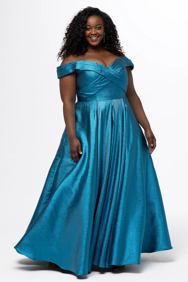 Plus size electric blue metallic A-line prom dress with off-shoulder sweetheart neckline, crossover draped bodice, defined waist, and full floor-length skirt