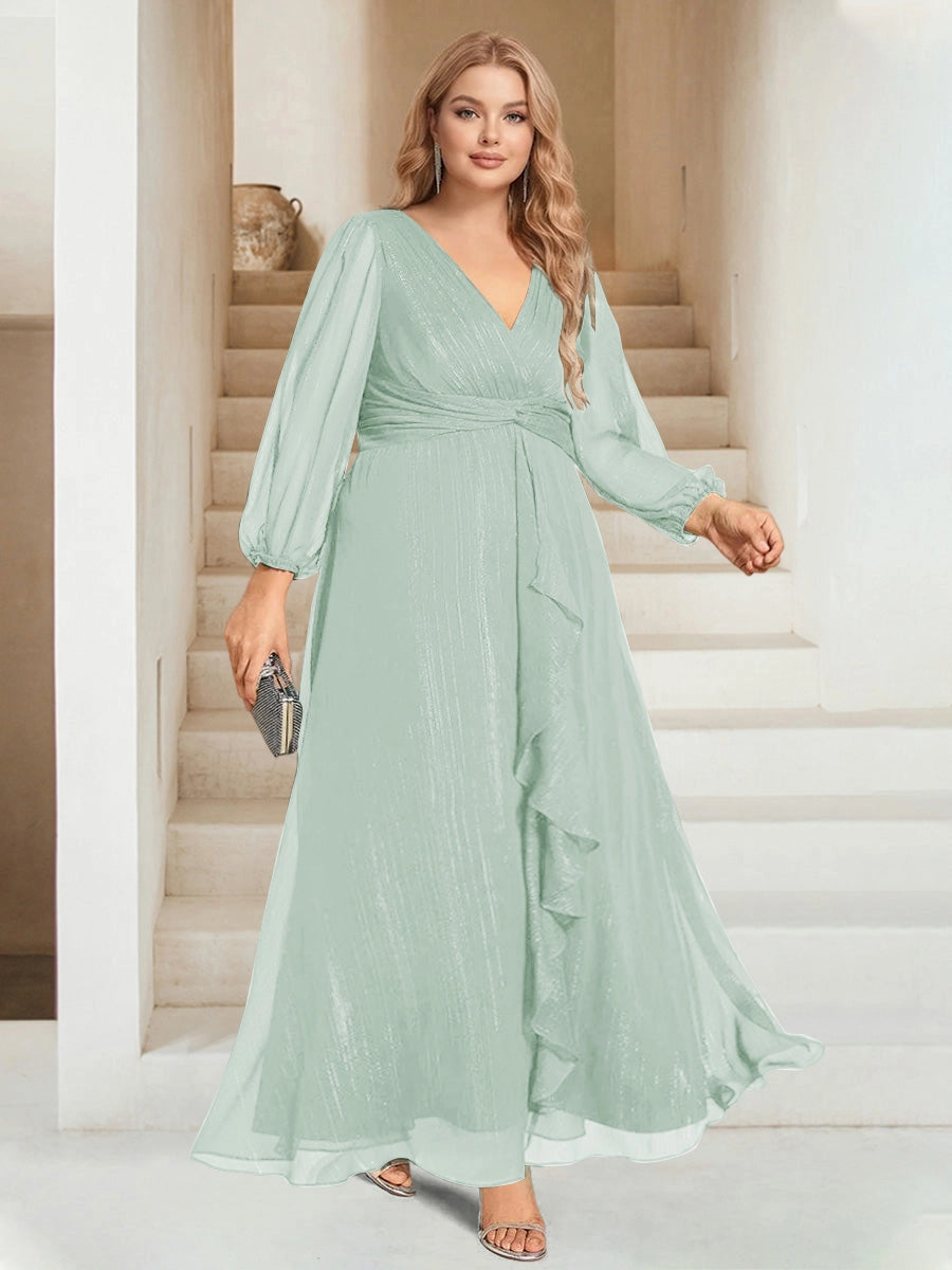 Elegant Plus Size Chiffon A-Line V-Neck Long-Sleeve Zipper-Back Ruffle Floor-Length Evening Dress
