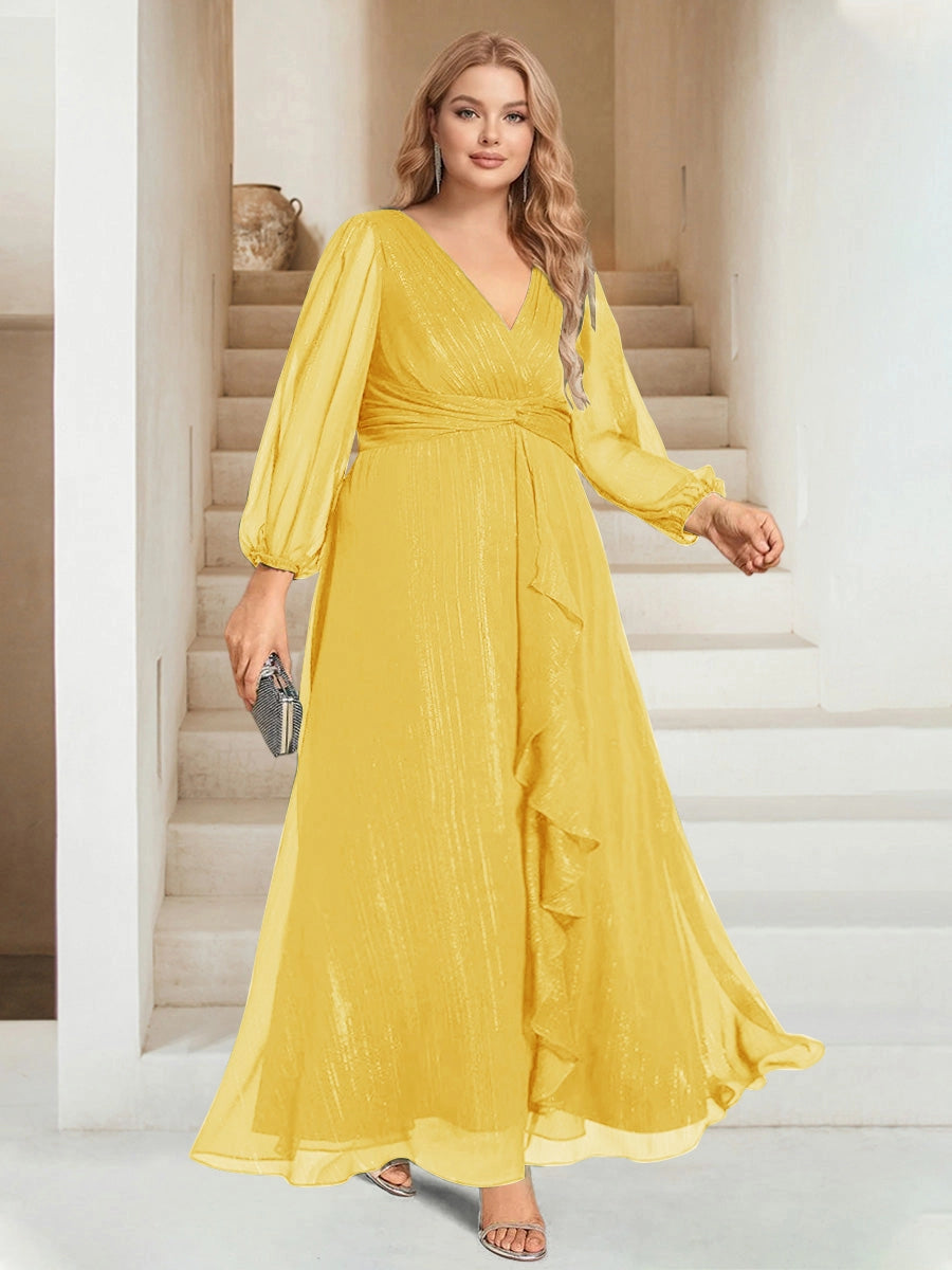 Elegant Plus Size Chiffon A-Line V-Neck Long-Sleeve Zipper-Back Ruffle Floor-Length Evening Dress