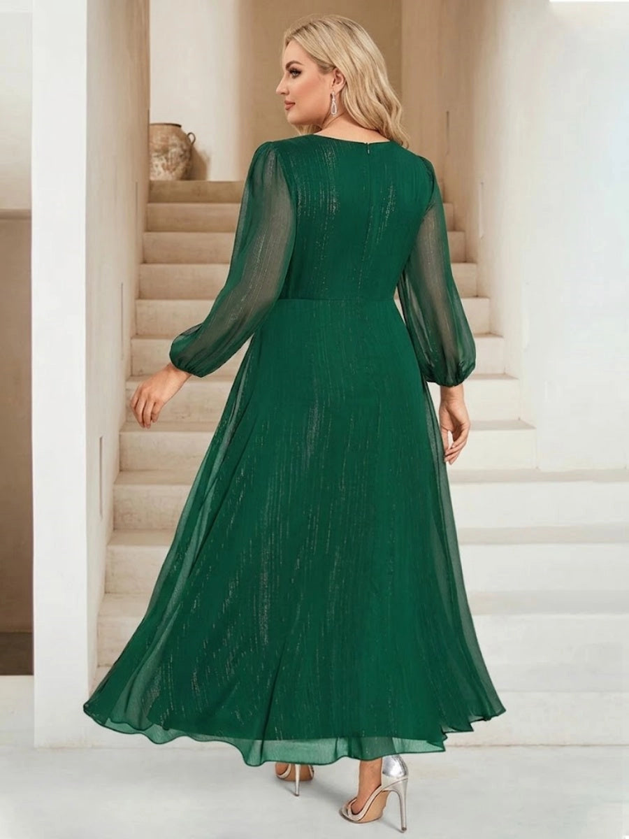 Elegant Plus Size Chiffon A-Line V-Neck Long-Sleeve Zipper-Back Ruffle Floor-Length Evening Dress