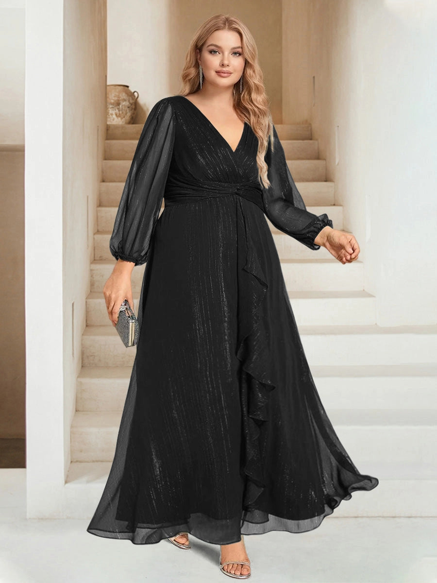 Elegant Plus Size Chiffon A-Line V-Neck Long-Sleeve Zipper-Back Ruffle Floor-Length Evening Dress