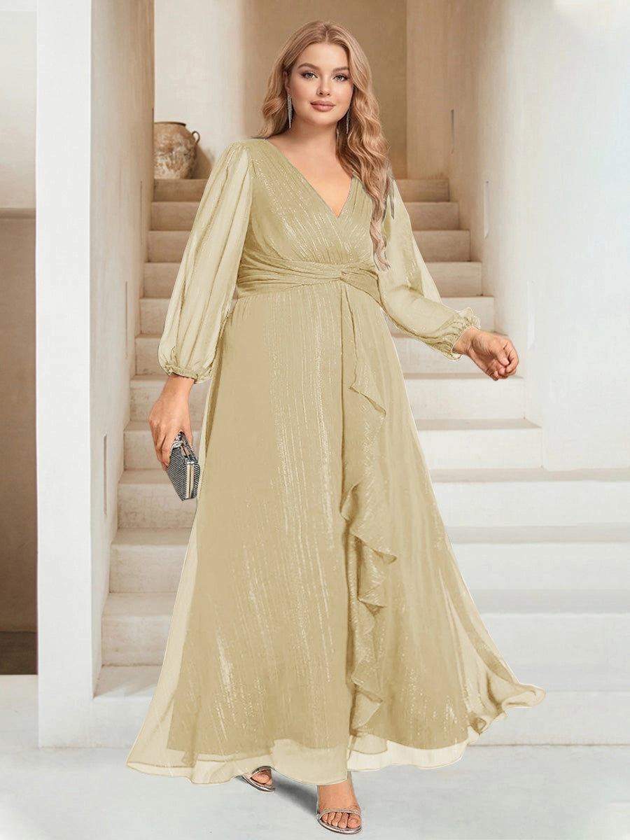 Elegant Plus Size Chiffon A-Line V-Neck Long-Sleeve Zipper-Back Ruffle Floor-Length Evening Dress