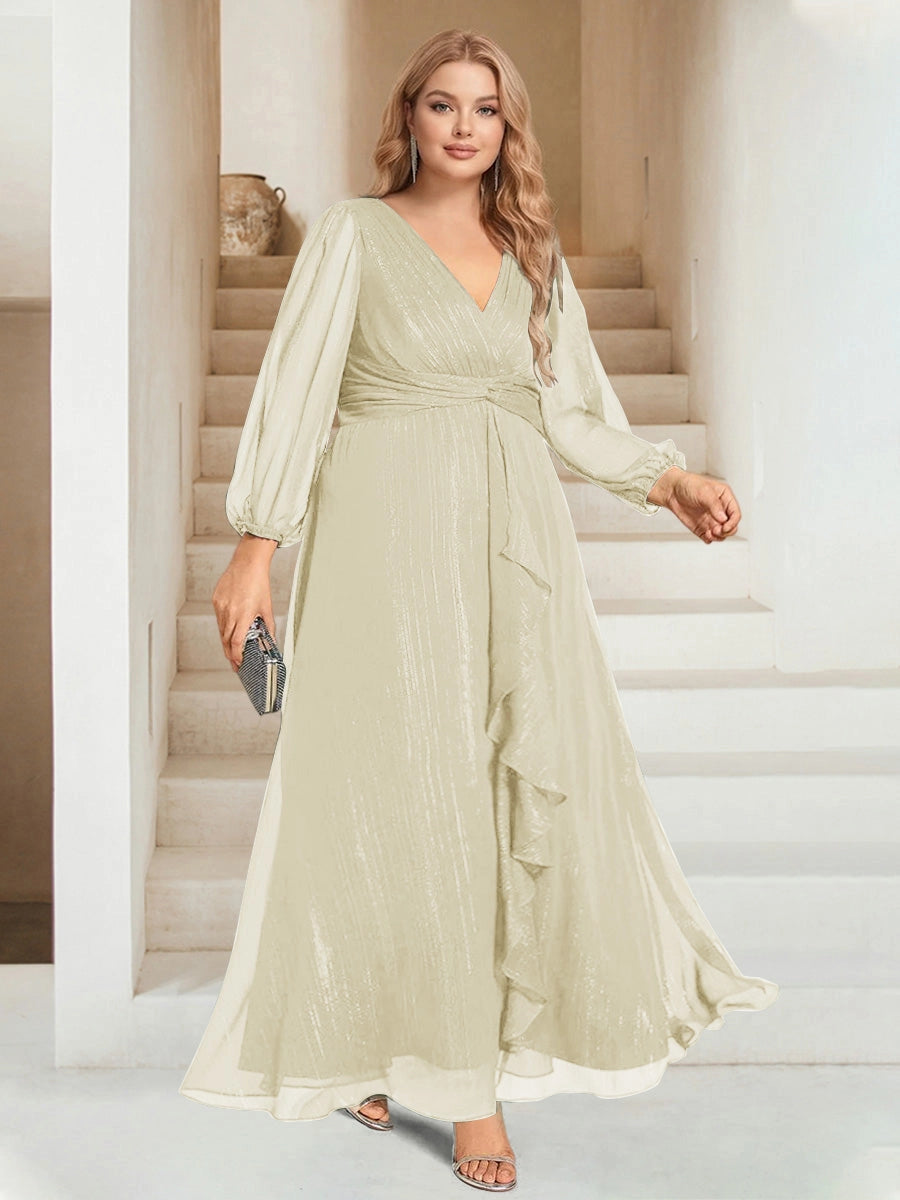 Elegant Plus Size Chiffon A-Line V-Neck Long-Sleeve Zipper-Back Ruffle Floor-Length Evening Dress