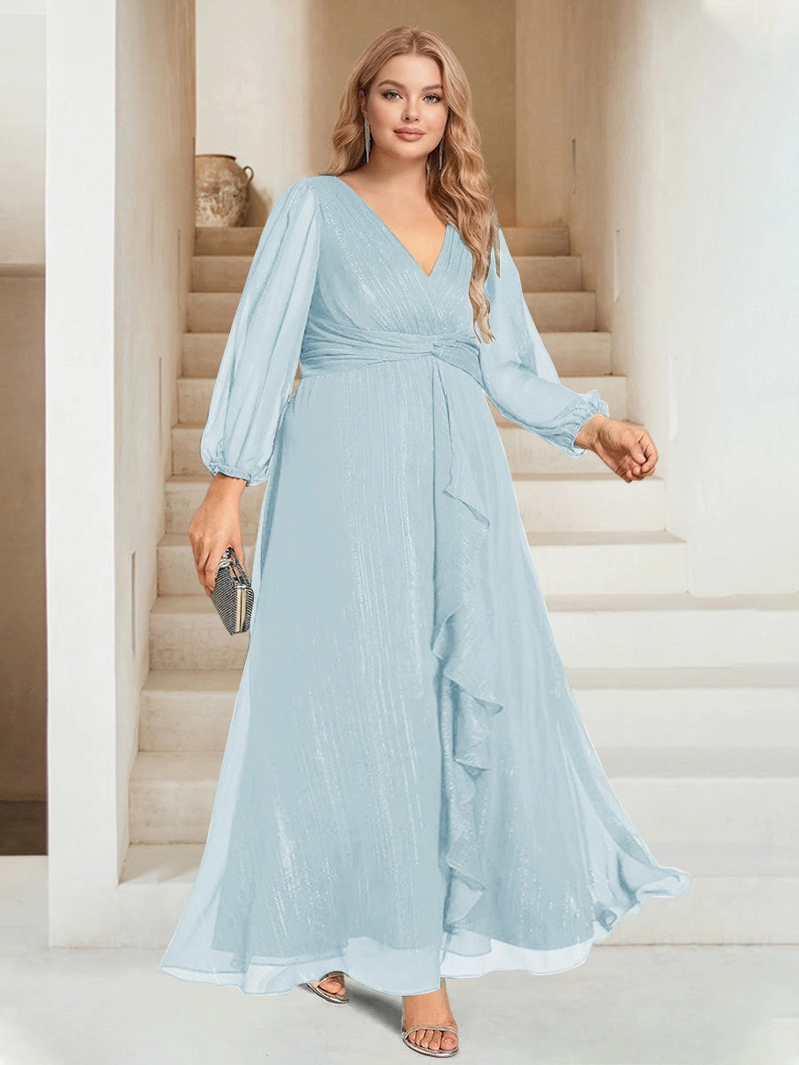 Elegant Plus Size Chiffon A-Line V-Neck Long-Sleeve Zipper-Back Ruffle Floor-Length Evening Dress