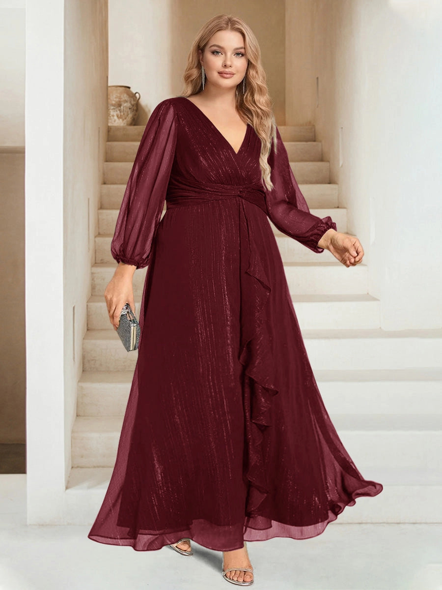 Elegant Plus Size Chiffon A-Line V-Neck Long-Sleeve Zipper-Back Ruffle Floor-Length Evening Dress