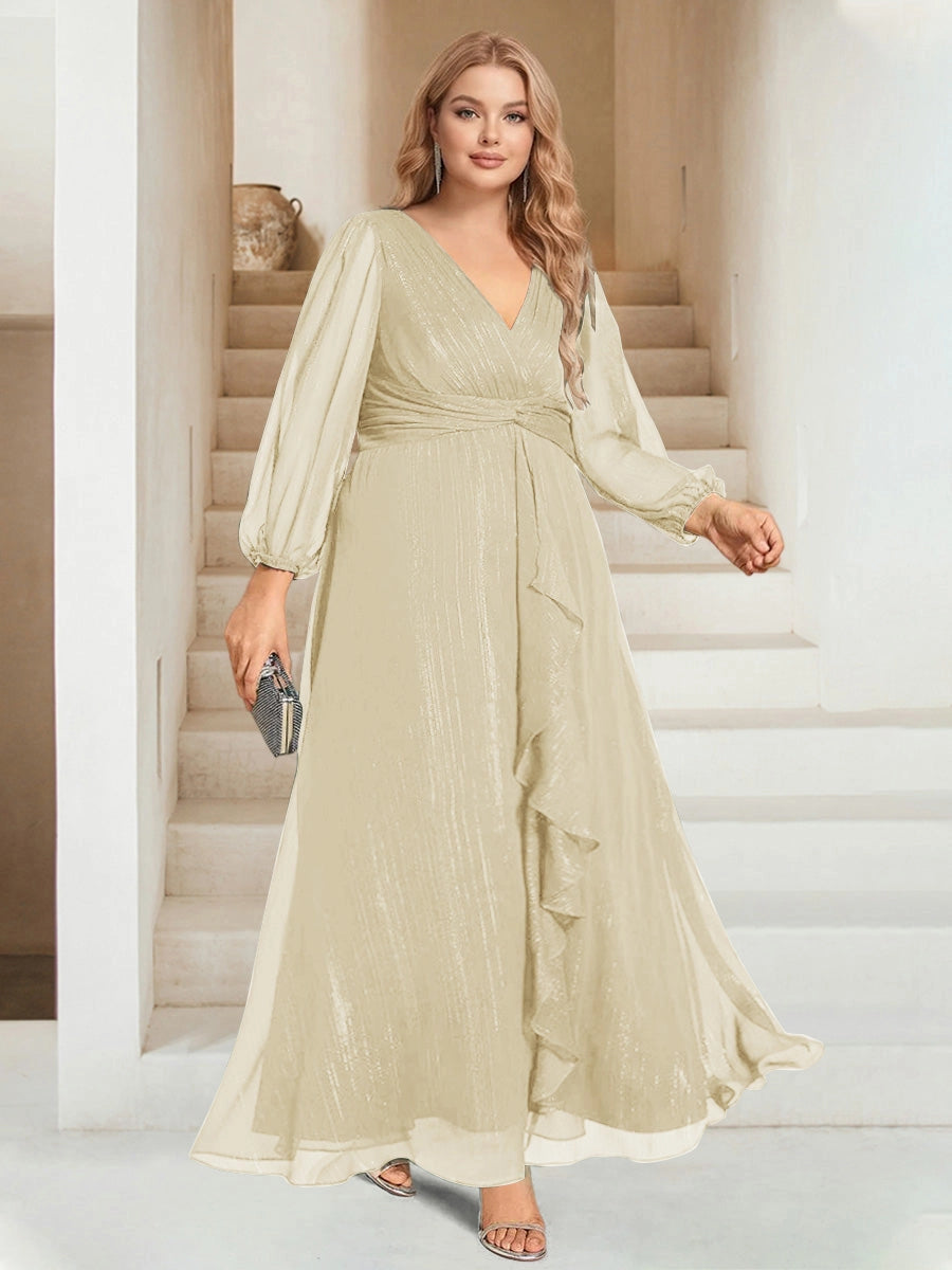 Elegant Plus Size Chiffon A-Line V-Neck Long-Sleeve Zipper-Back Ruffle Floor-Length Evening Dress