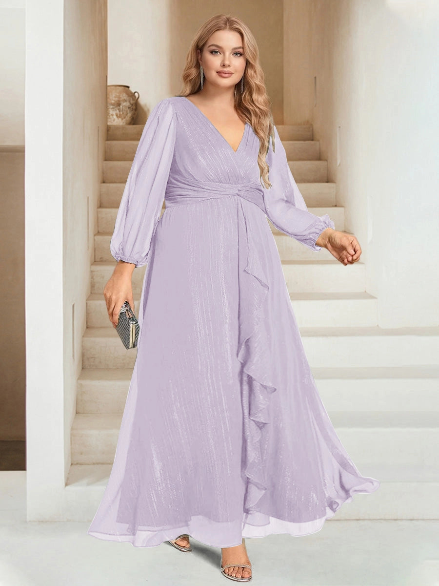 Elegant Plus Size Chiffon A-Line V-Neck Long-Sleeve Zipper-Back Ruffle Floor-Length Evening Dress