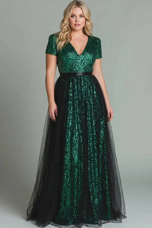 Elegant Plus Size A-Line V-Neck Short Sleeve Zipper Back Evening Dress