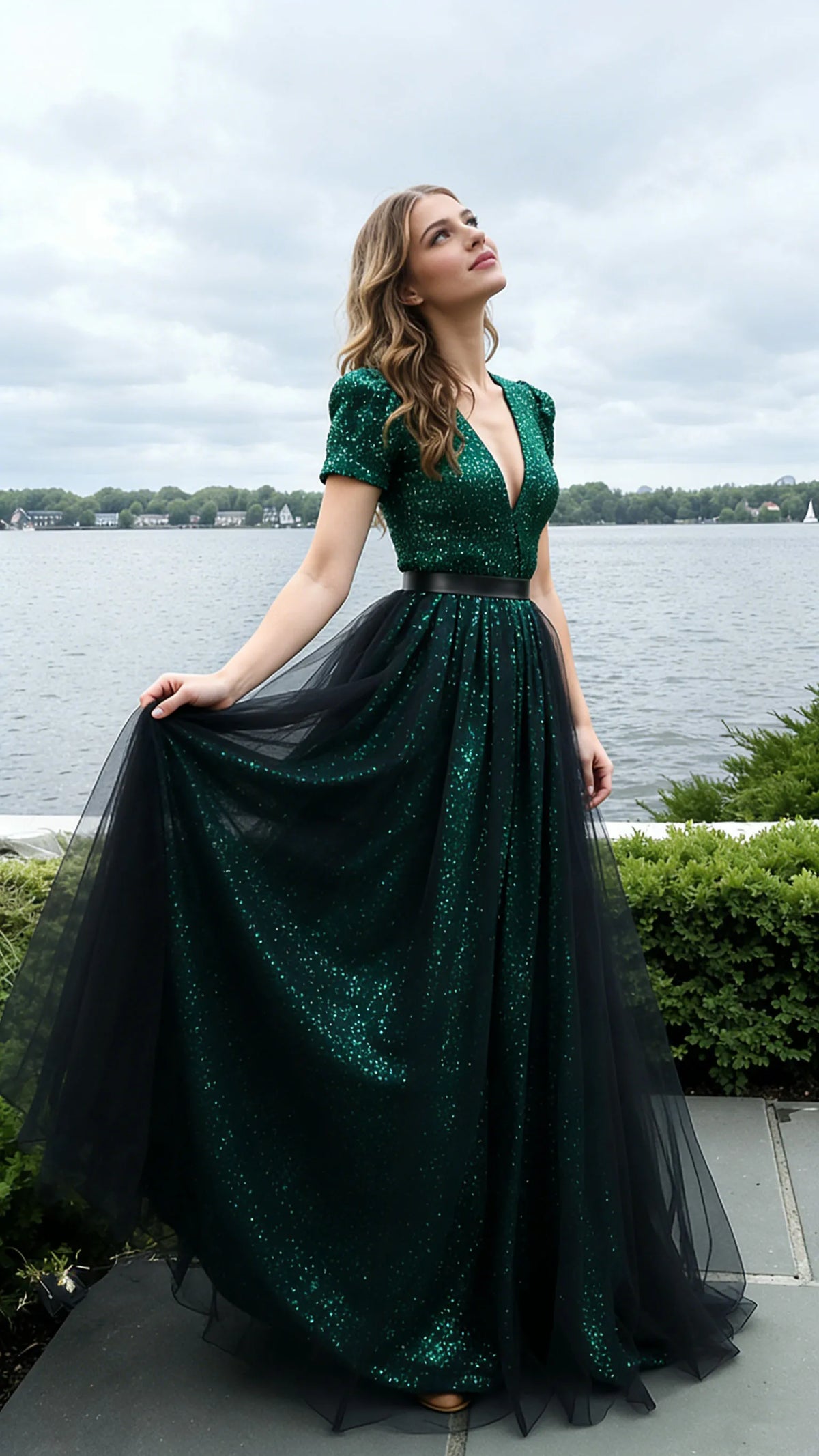 Elegant Plus Size A-Line V-Neck Short Sleeve Zipper Back Evening Dress