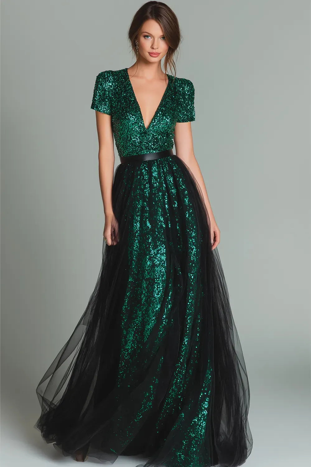 Elegant Plus Size A-Line V-Neck Short Sleeve Zipper Back Evening Dress