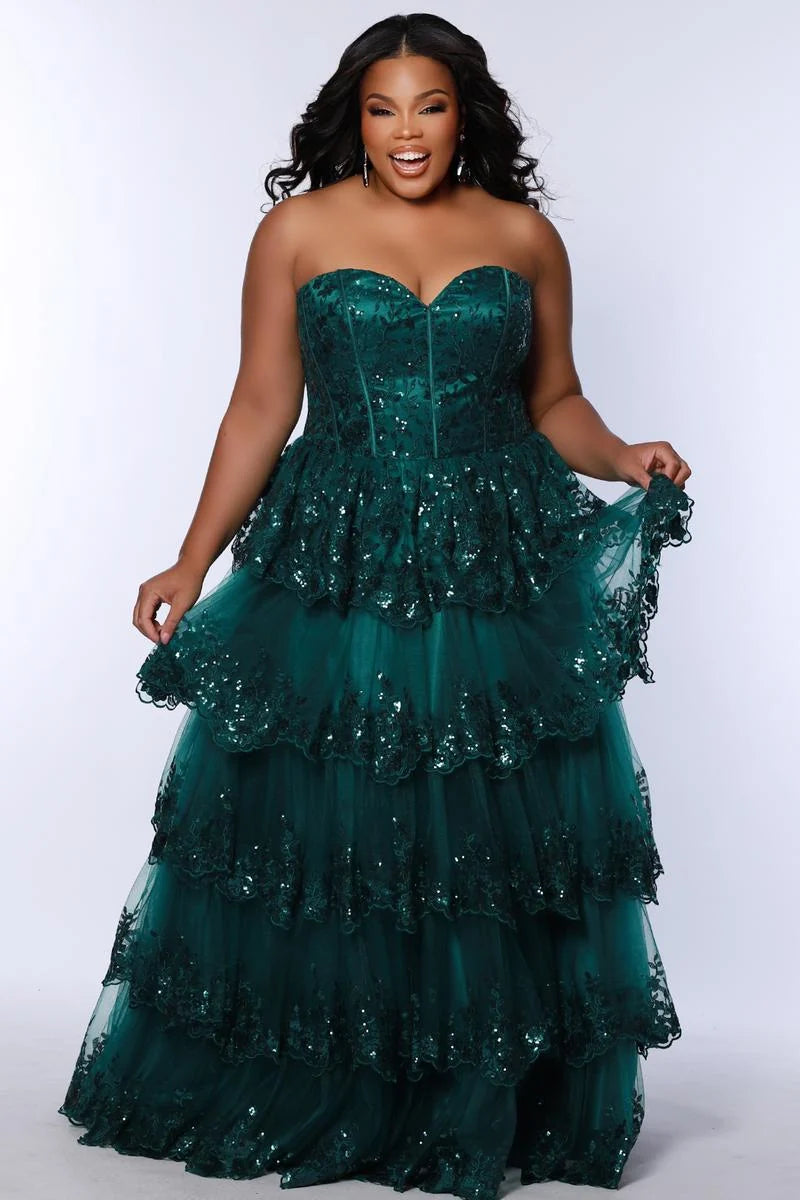 Plus size forest green sequin tulle A-line prom dress with strapless sweetheart neckline, embroidered corset bodice, tiered ruffle skirt, and floor-length hem