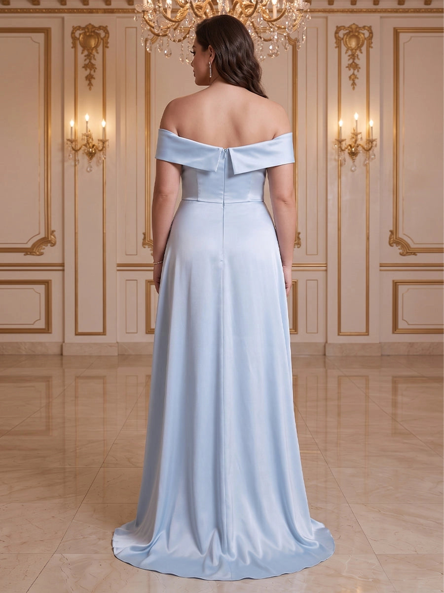 Elegant Plus Size Satin A-Line Asymmetric Off-Shoulder Floral Zipper-Back Floor-Length Evening Dress