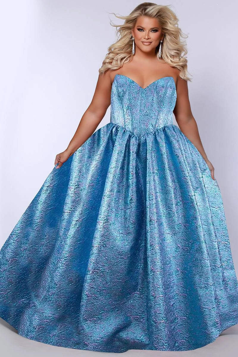 Plus size iridescent blue metallic jacquard ball gown prom dress with strapless sweetheart neckline, structured corset bodice, and voluminous floor-length skirt
