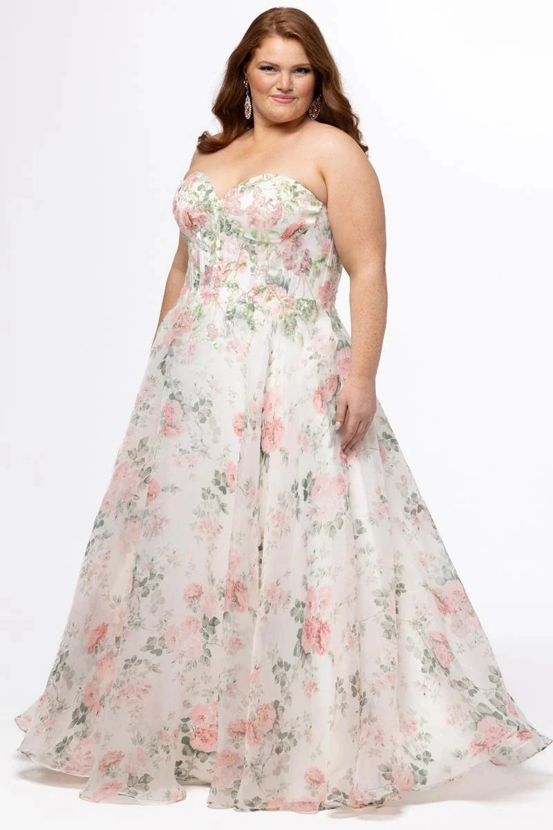 Plus size ivory floral chiffon A-line prom dress with pink rose prints, strapless sweetheart neckline, structured corset bodice, and flowing floor-length skirt