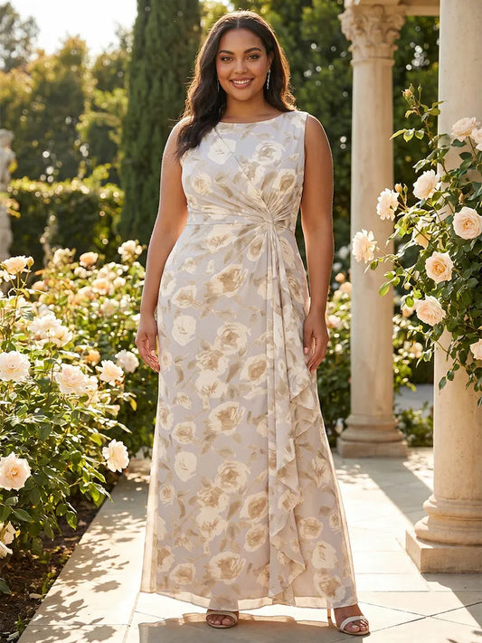 Loverlm plus size ivory floral wedding guest dress with round neck sleeveless bodice side ruched waist ruffle and floor-length skirt