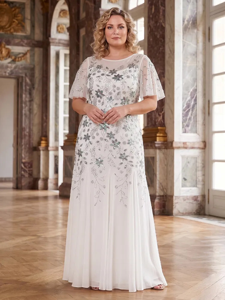 Loverlm plus size ivory Mother of the Bride dress with round neck flutter sleeves silver floral sequins and floor-length skirt