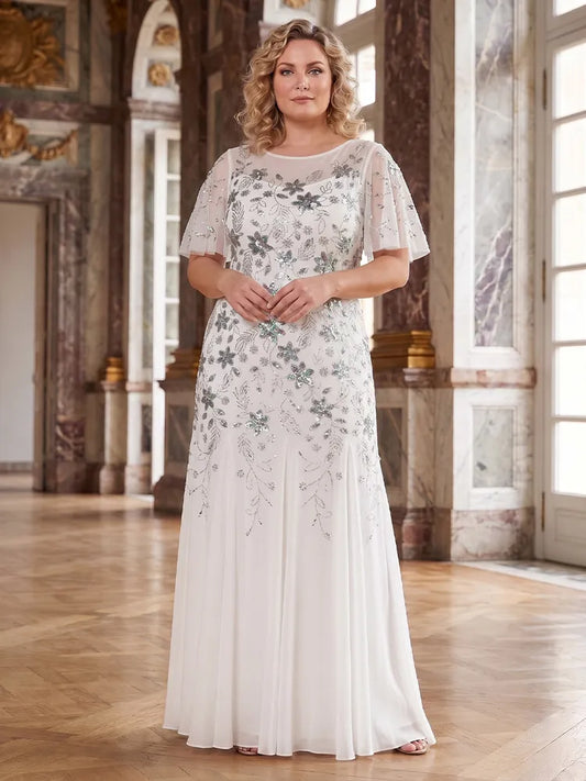 Loverlm plus size ivory Mother of the Bride dress with round neck flutter sleeves silver floral sequins and floor-length skirt