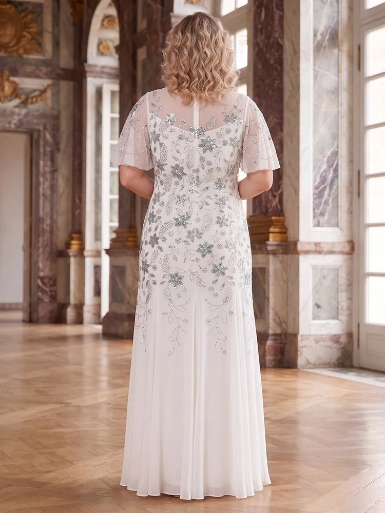 Plus Size Sheath Round-Neck Flutter-Sleeve Sequin Floor-Length Mother of the Bride Dress