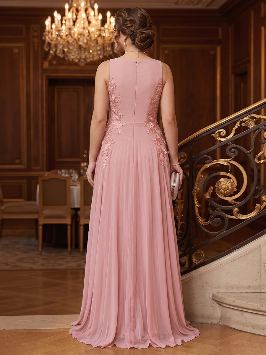 Elegant Plus Size A-Line V-Neck Sleeveless Zipper Back Chiffon Floor-Length Evening Dress