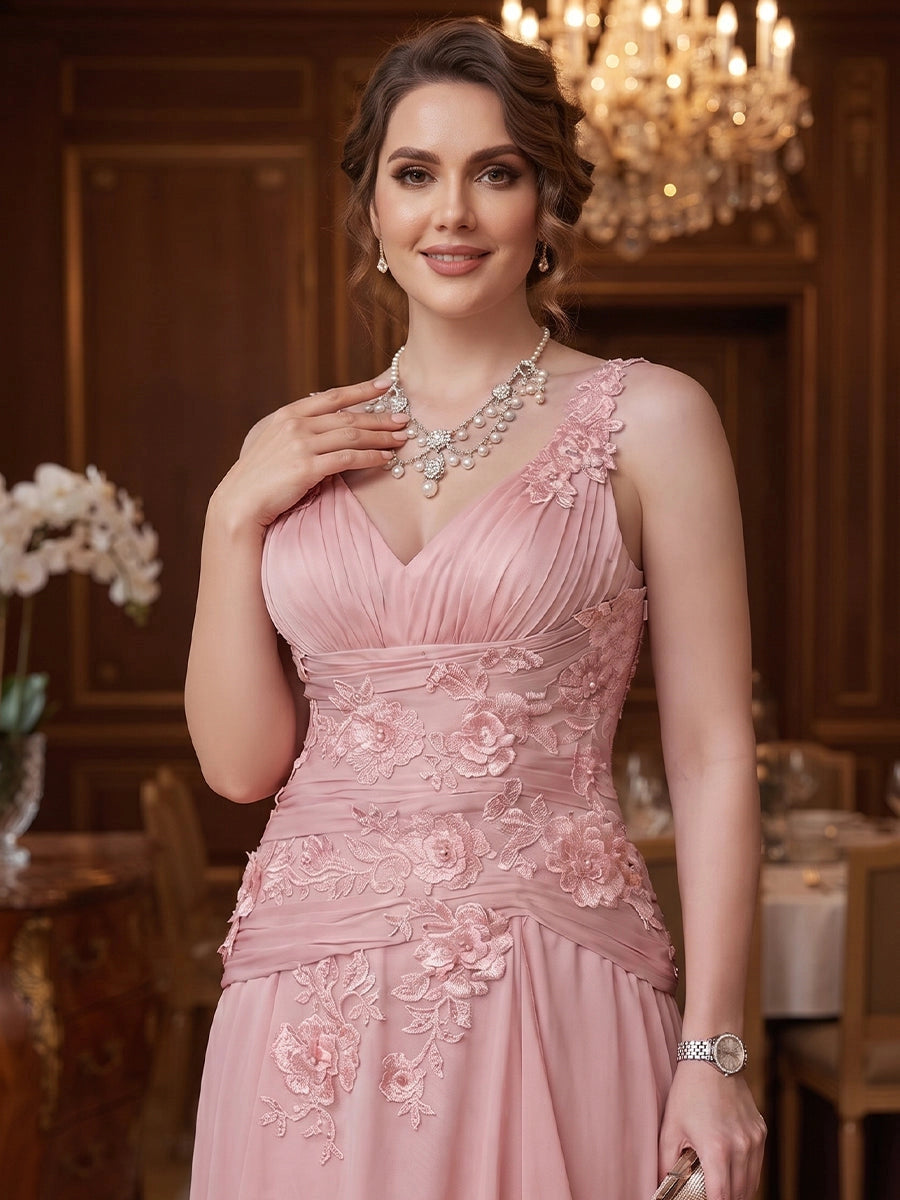 Elegant Plus Size A-Line V-Neck Sleeveless Zipper Back Chiffon Floor-Length Evening Dress