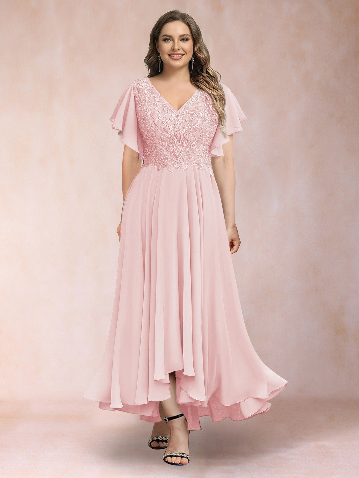 Plus Size Chiffon A-Line V-Neck Flutter Sleeve Closed-Back Midi Evening Dress