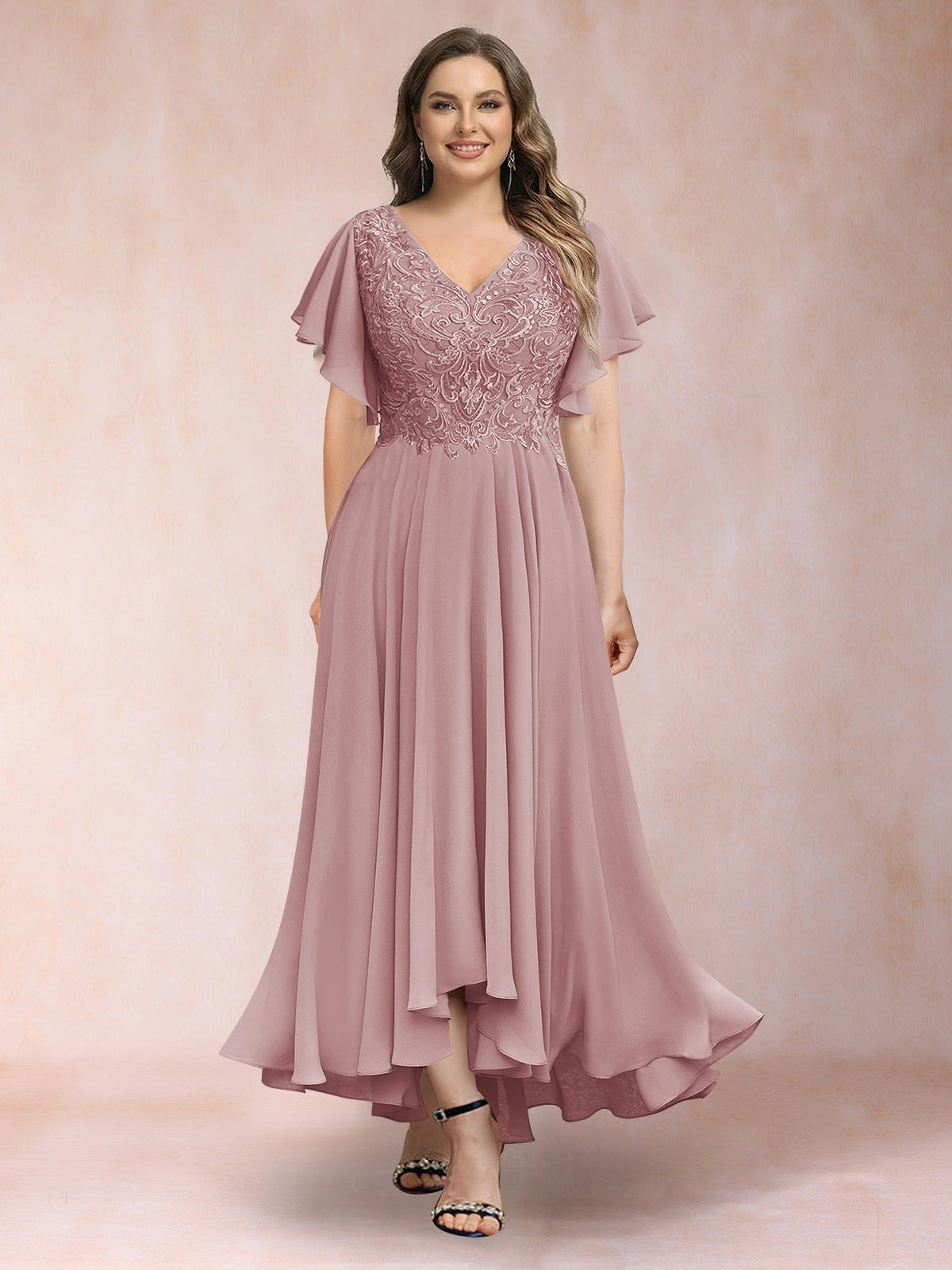 Plus Size Chiffon A-Line V-Neck Flutter Sleeve Closed-Back Midi Evening Dress