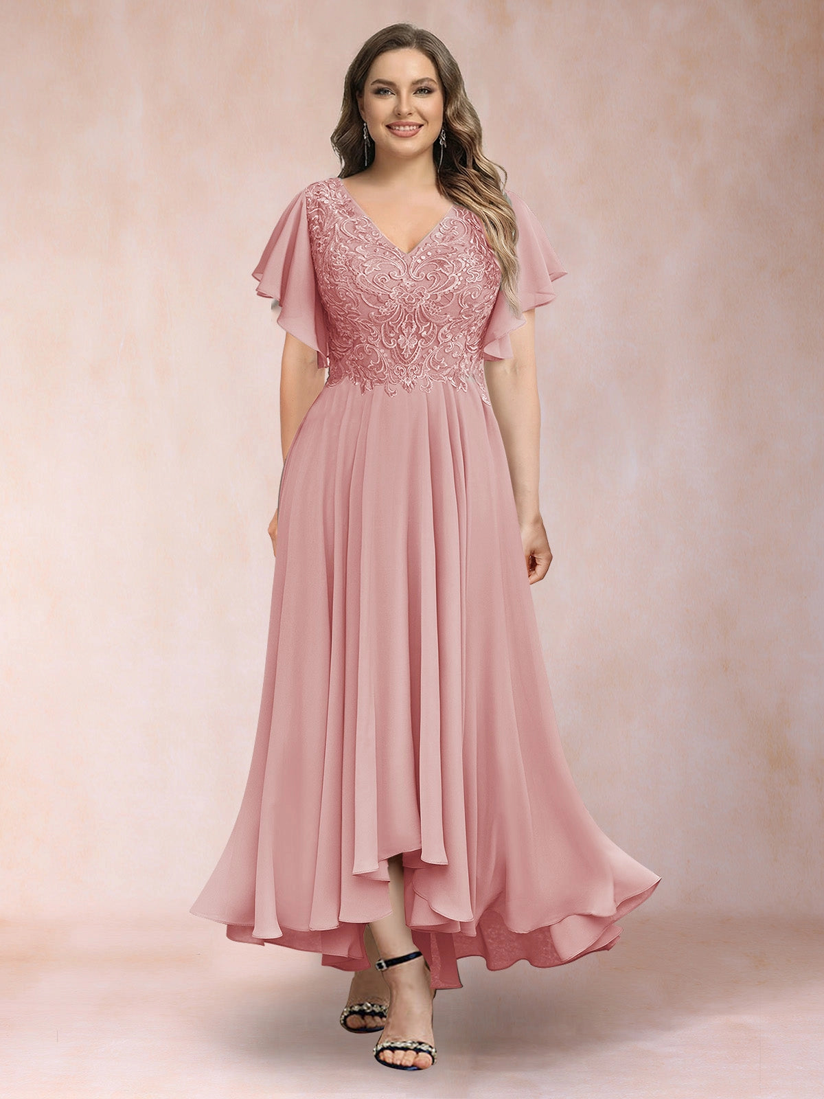 Plus Size Chiffon A-Line V-Neck Flutter Sleeve Closed-Back Midi Evening Dress