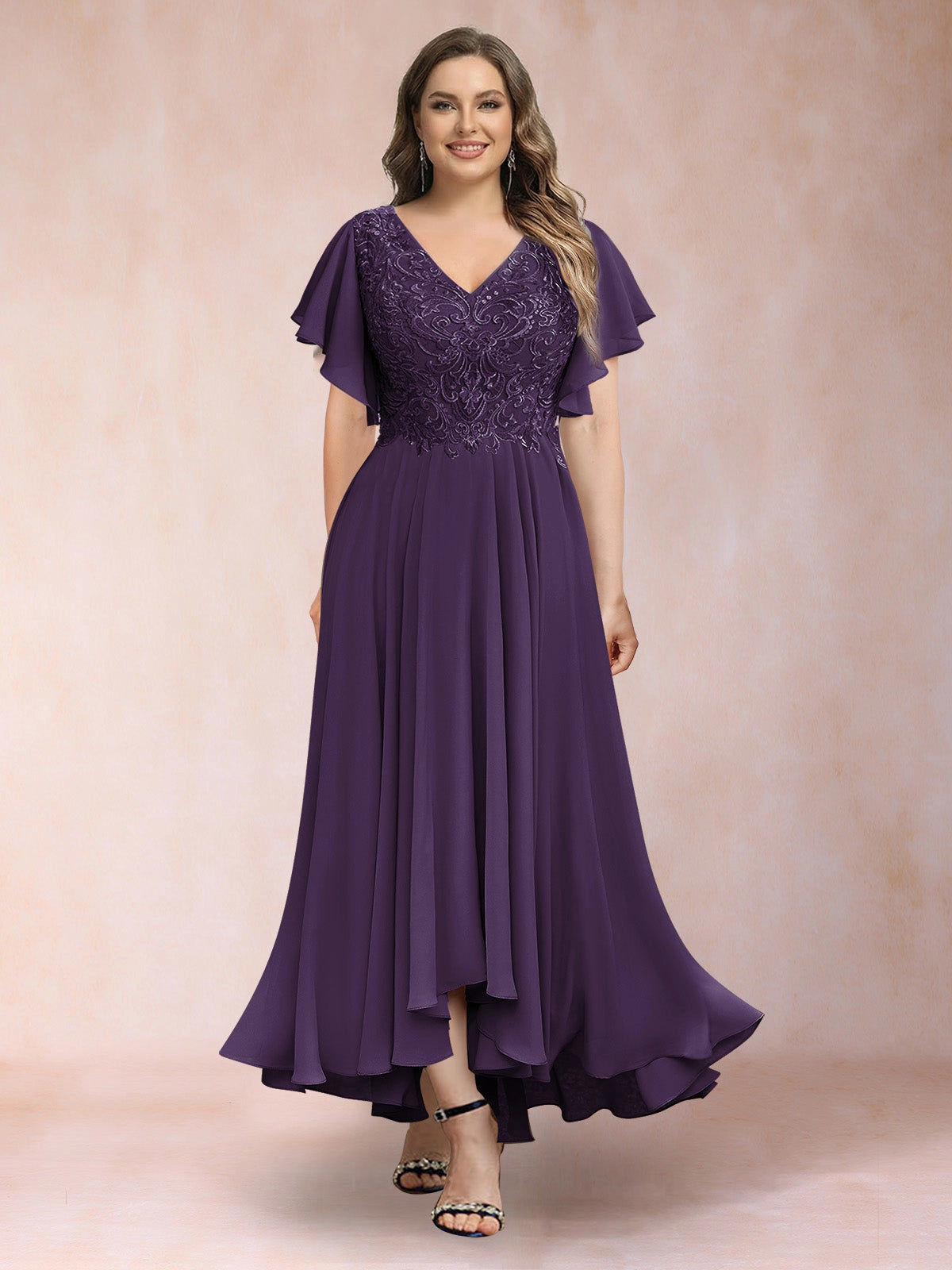 Plus Size Chiffon A-Line V-Neck Flutter Sleeve Closed-Back Midi Evening Dress