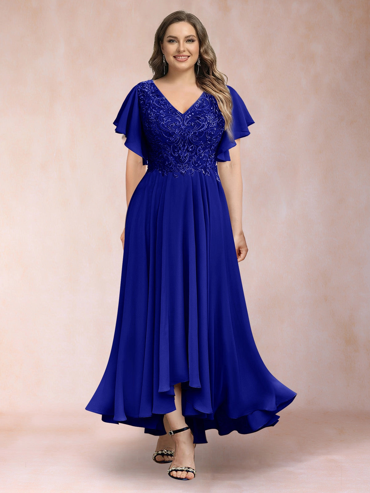 Plus Size Chiffon A-Line V-Neck Flutter Sleeve Closed-Back Midi Evening Dress