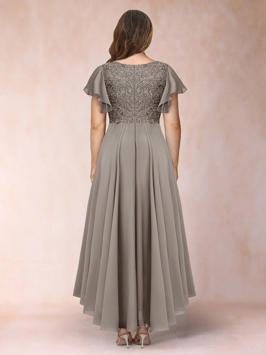 Plus Size Chiffon A-Line V-Neck Flutter Sleeve Closed-Back Midi Evening Dress