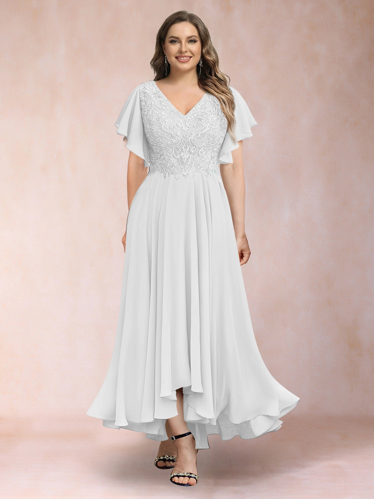 Plus Size Chiffon A-Line V-Neck Flutter Sleeve Closed-Back Midi Evening Dress