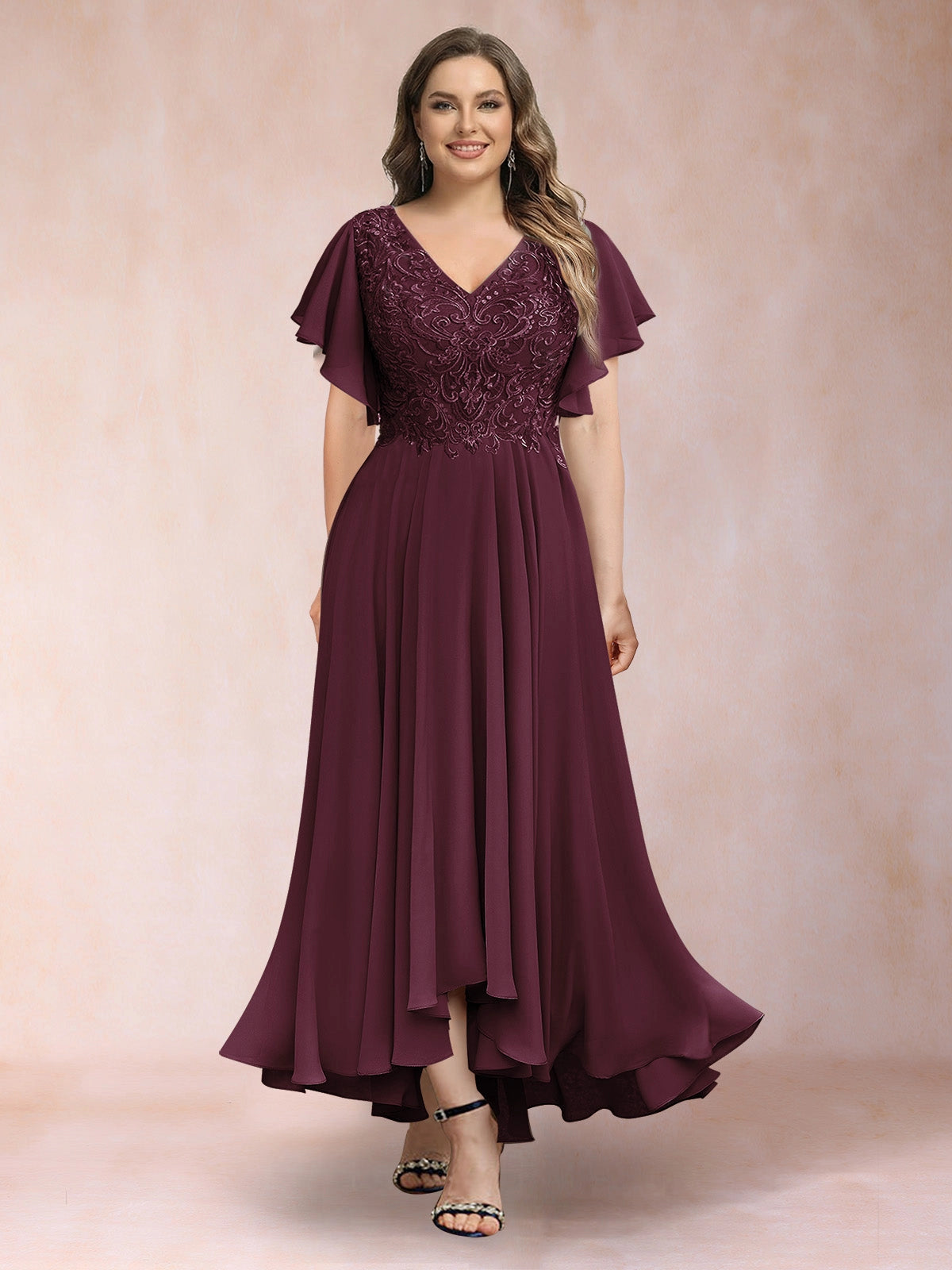 Plus Size Chiffon A-Line V-Neck Flutter Sleeve Closed-Back Midi Evening Dress