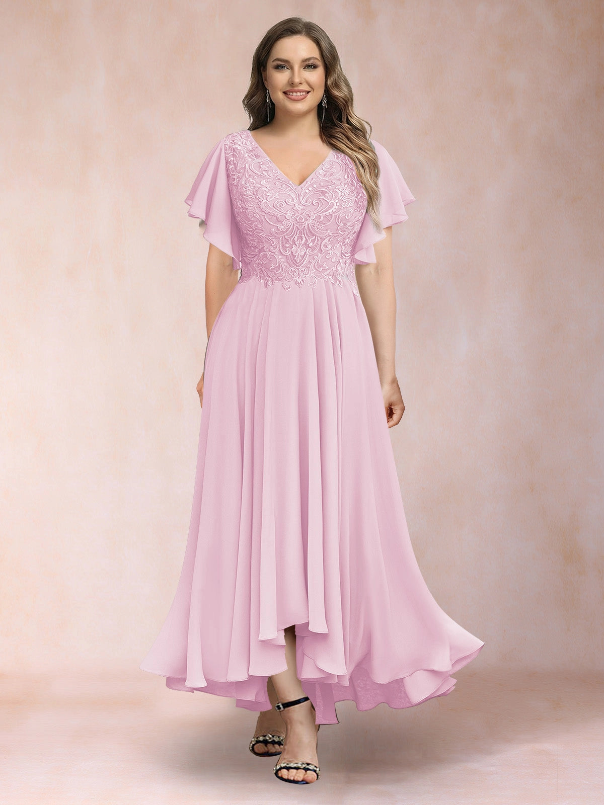Plus Size Chiffon A-Line V-Neck Flutter Sleeve Closed-Back Midi Evening Dress