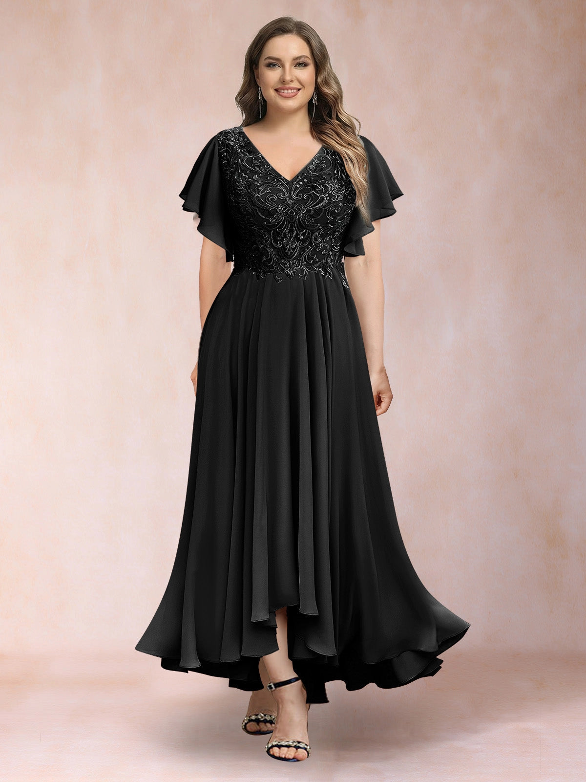 Plus Size Chiffon A-Line V-Neck Flutter Sleeve Closed-Back Midi Evening Dress